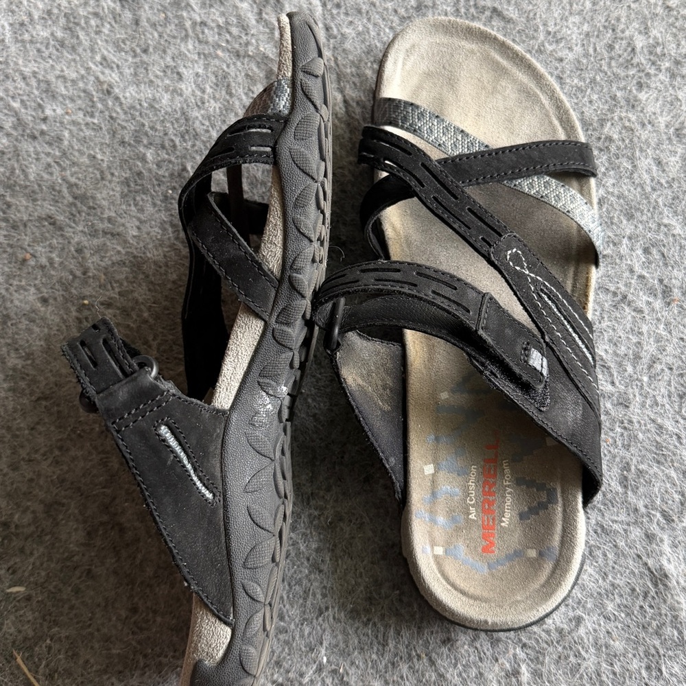 Merrell Black Leather Comfort Slide Sandal Air Cushion Select Grip Women Size 6 - Picture 3 of 3